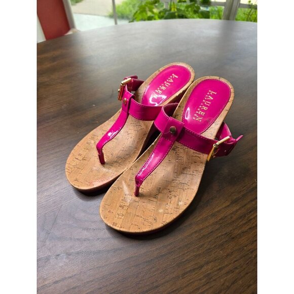 Ralph Lauren Pink Patent Size 7 Women’s Wedge Ralla Logo Thong Sandals - Picture 1 of 16